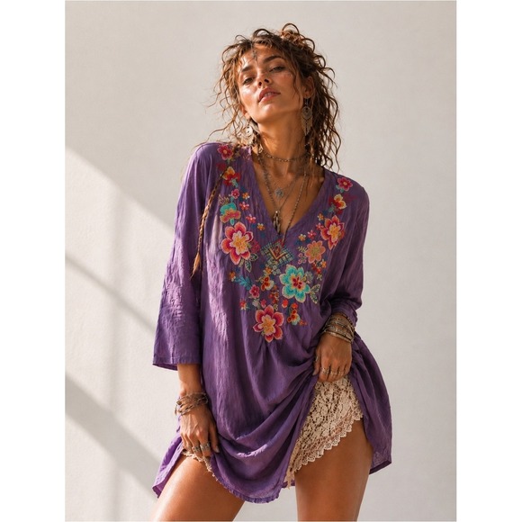 Johnny Was Tops - Johnny Was Tunic Cotton Floral Embroidery XL Boho Top